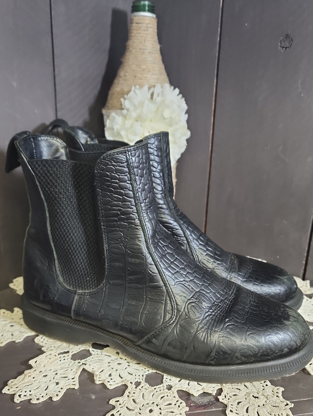 Dr. Martens Black Croc-Embossed Chelsea Booties